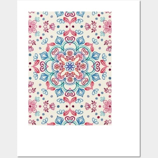 Pastel Blue, Pink & Red Watercolor Floral Pattern on Cream Posters and Art